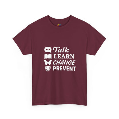 Empowering Message Tee - Talk, Learn, Change, Prevent, Unisex Fashion Top,