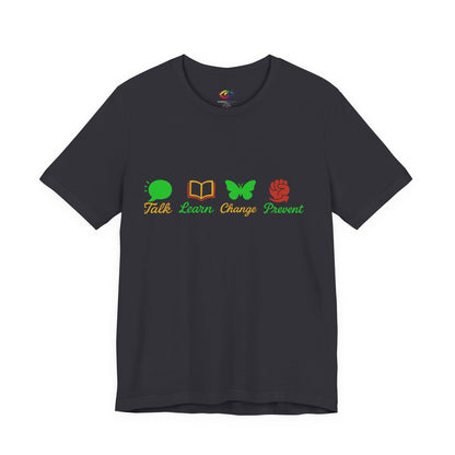 Talk Learn Change Prevent Gambling Addiction Recovery T-Shirt – red–black–green tricoloDesign by GambleFreeGear”