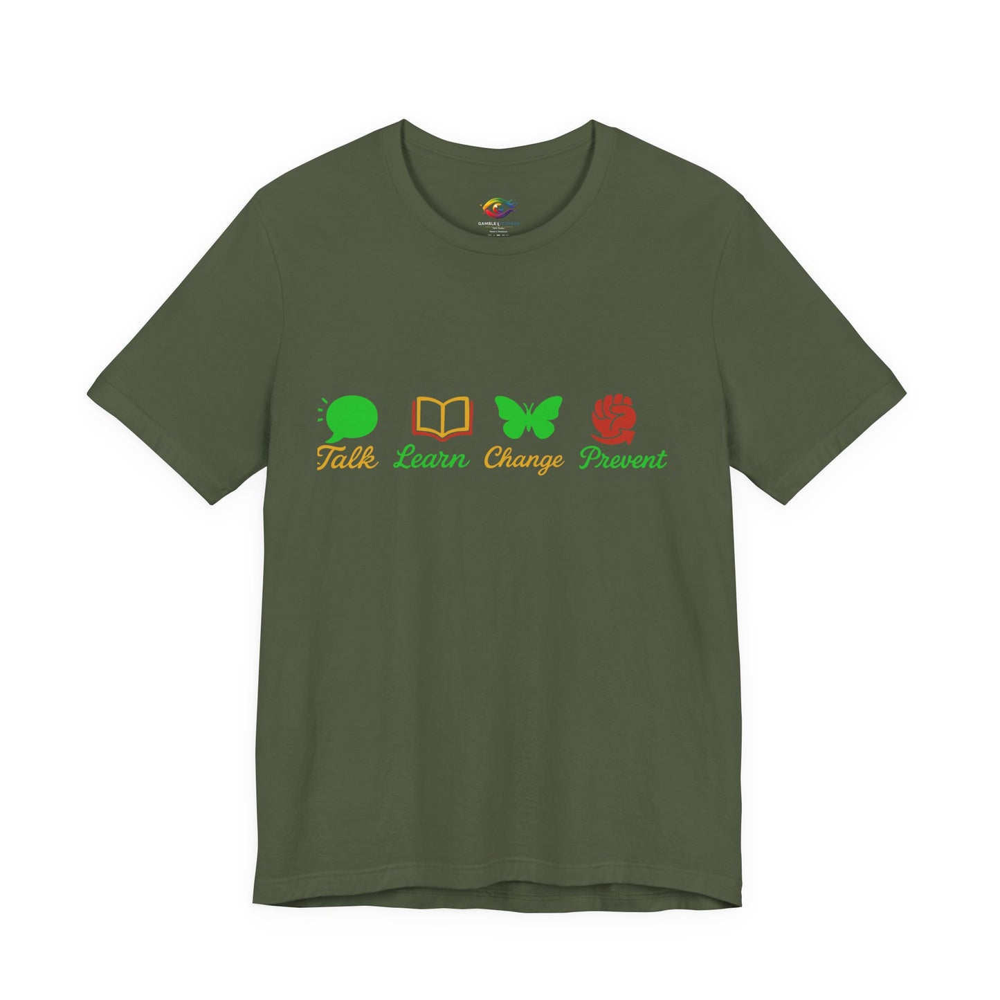 Talk Learn Change Prevent Gambling Addiction Recovery T-Shirt – red–black–green tricoloDesign by GambleFreeGear”